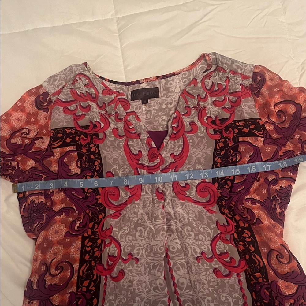 Hale Bob colorful top w/ flowers, Sz S silk, long sleeves, v- neck, bohemian - Picture 9 of 12